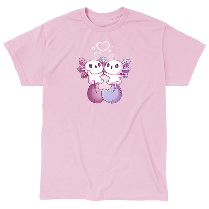 Classic Cotton T-shirt_TeeTurtle Alotl Love t-shirt featuring one pink and one blue axolotl holding hands underneath a heart-shaped bubble.