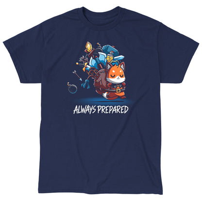 Classic Cotton T-shirt_TeeTurtle Always Prepared navy blue t-shirt featuring a fantasy cartoon fox dressed as an adventurer carrying an oversized backpack filled with weapons and tools.