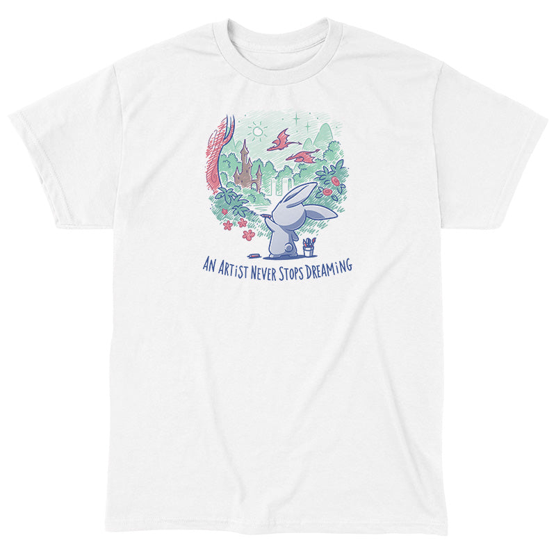 Classic Cotton T-shirt_TeeTurtle An Artist Never Stops Dreaming white t-shirt featuring a bunny painting a whimsical landscape with a castle, trees, and flying creature.