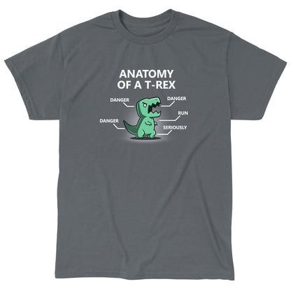 Classic Cotton T-shirt_TeeTurtle Anatomy of a T-Rex charcoal gray t-shirt featuring a T-Rex with labels pointing to its head, arms, tail, and body. The labels read "DANGER" for the head, arms, and tail, "RUN" for its legs, and "SERIOUSLY" for its body. Text above reads "ANATOMY OF A T-REX". 