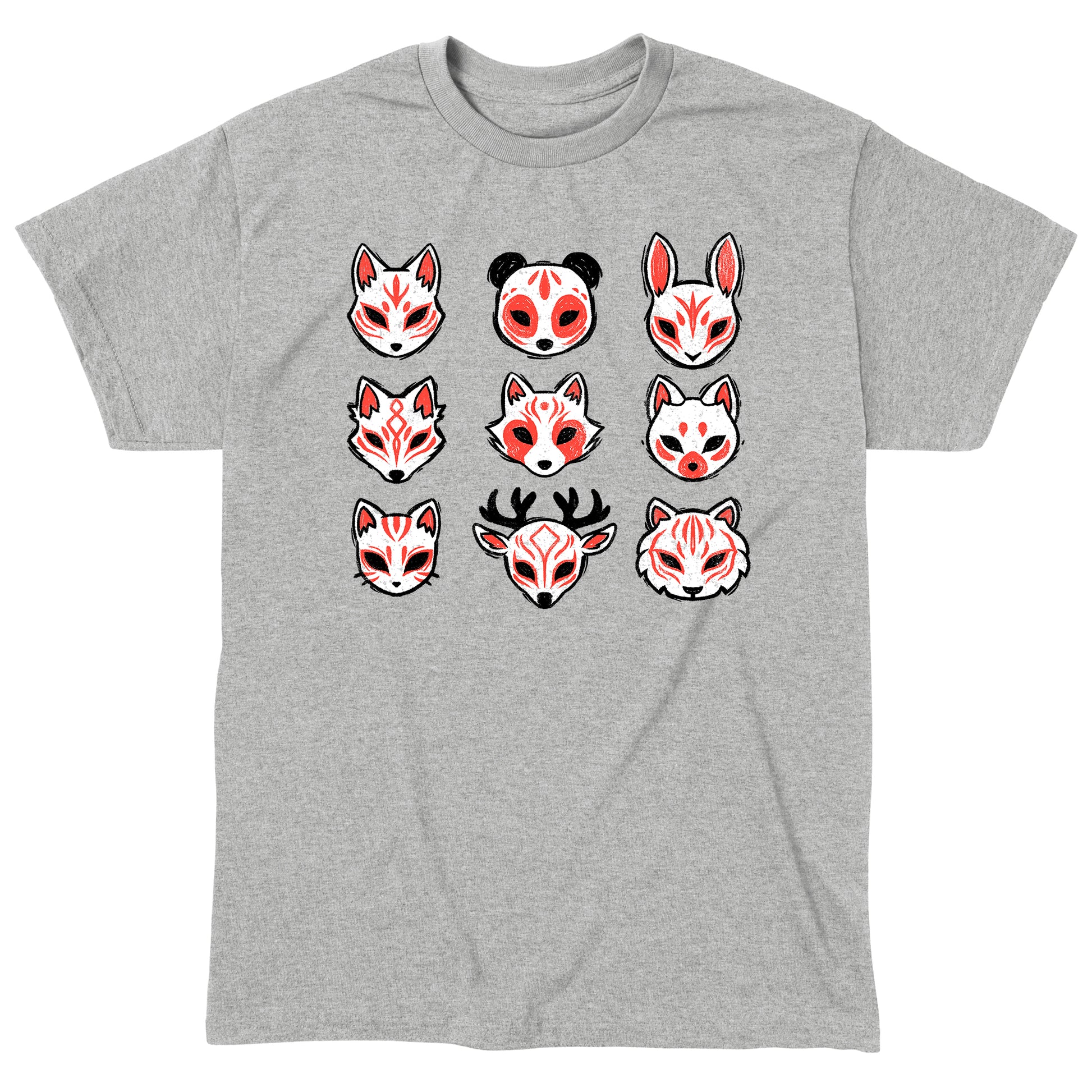 Classic Cotton T-shirt_TeeTurtle Animal Masks heather gray t-shirt featuring nine stylized animal masks, including foxes, a panda, a rabbit, a deer, and a tiger, each featuring red and black markings. 