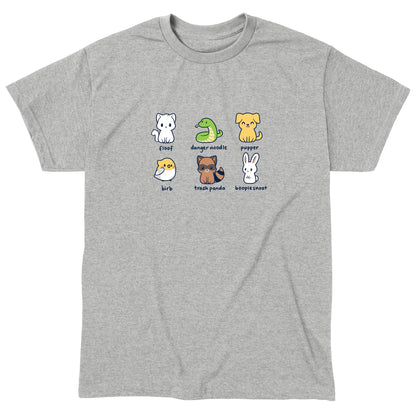 Classic Cotton T-shirt_Illustration of six quirky animals labeled with playful names: floof (cat), danger noodle (snake), pupper (dog), birb (bird), trash panda (raccoon), and booplesnoot (rabbit) on a super soft ringspun cotton Animal Names apparel by monsterdigital.