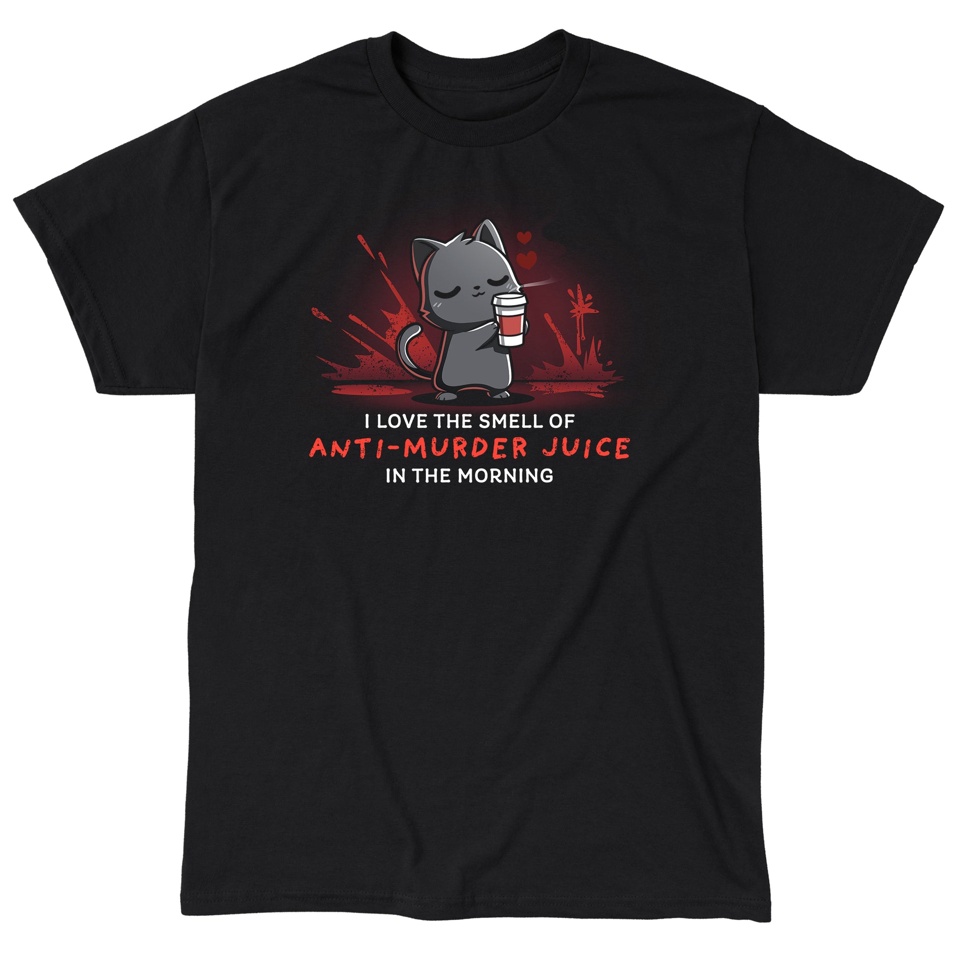 Classic Cotton T-shirt_TeeTurtle Anti-Murder Juice black t-shirt featuring a cat holding a coffee lovingly with red splatters behind.