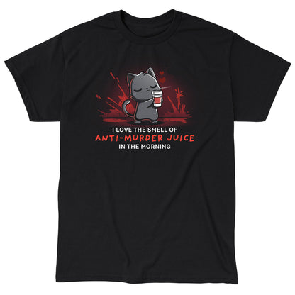 Classic Cotton T-shirt_TeeTurtle Anti-Murder Juice black t-shirt featuring a cat holding a coffee lovingly with red splatters behind.