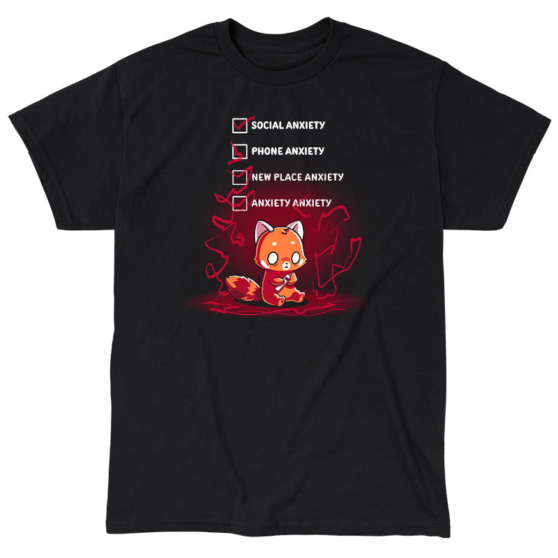 Classic Cotton T-shirt_TeeTurtle Anxiety Checklist black t-shirt featuring a red panda sits anxiously with checkboxes.