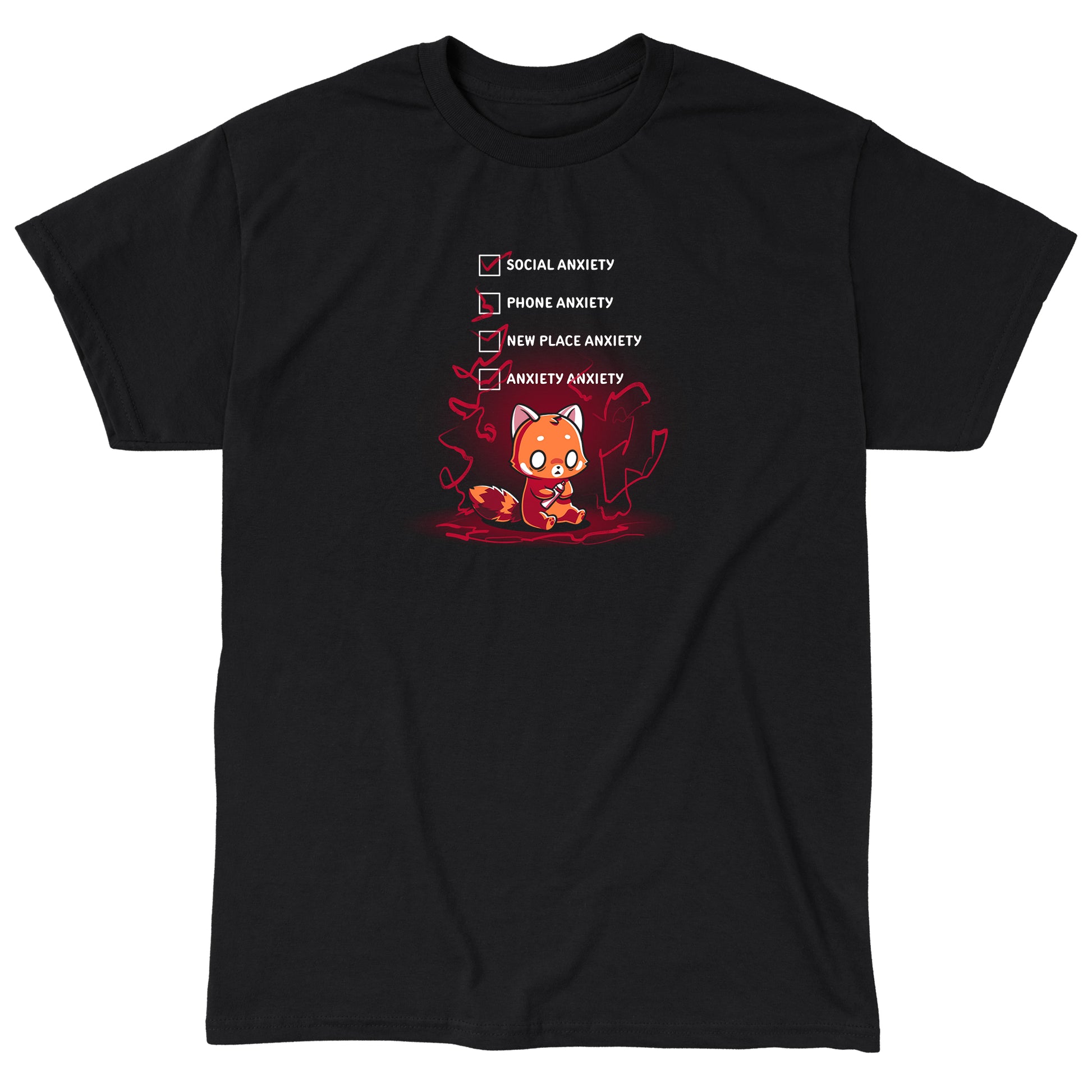 Classic Cotton T-shirt_TeeTurtle Anxiety Checklist black t-shirt featuring a red panda sits anxiously with checkboxes.