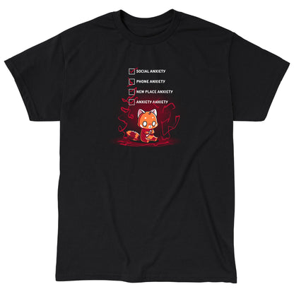 Classic Cotton T-shirt_TeeTurtle Anxiety Checklist black t-shirt featuring a red panda sits anxiously with checkboxes.