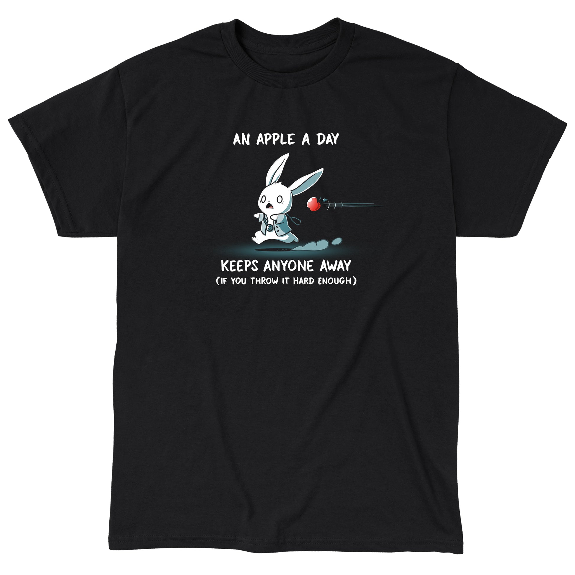 Classic Cotton T-shirt_TeeTurtle An Apple A Day Keeps Anyone Away black t-shirt featuring a rabbit, dressed in a doctor uniform, running away from a flying apple. Text above reads, "an apple a day keeps anyone away," and below, "(if you throw it hard enough)."