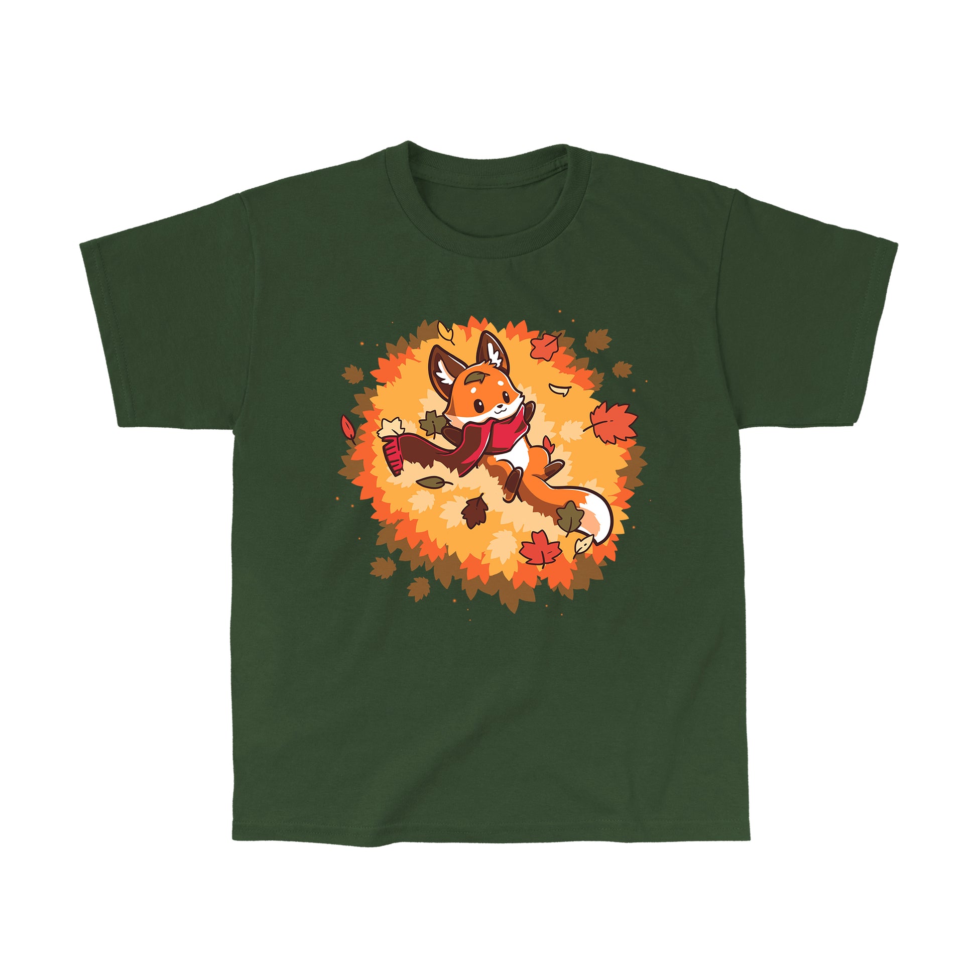 Classic Cotton T-shirt_A cartoon fox wearing a scarf lies on its back surrounded by colorful autumn leaves, showcased on a cozy forest green tee. This Autumn Fox apparel by monsterdigital captures the essence of the season in soft ringspun cotton.