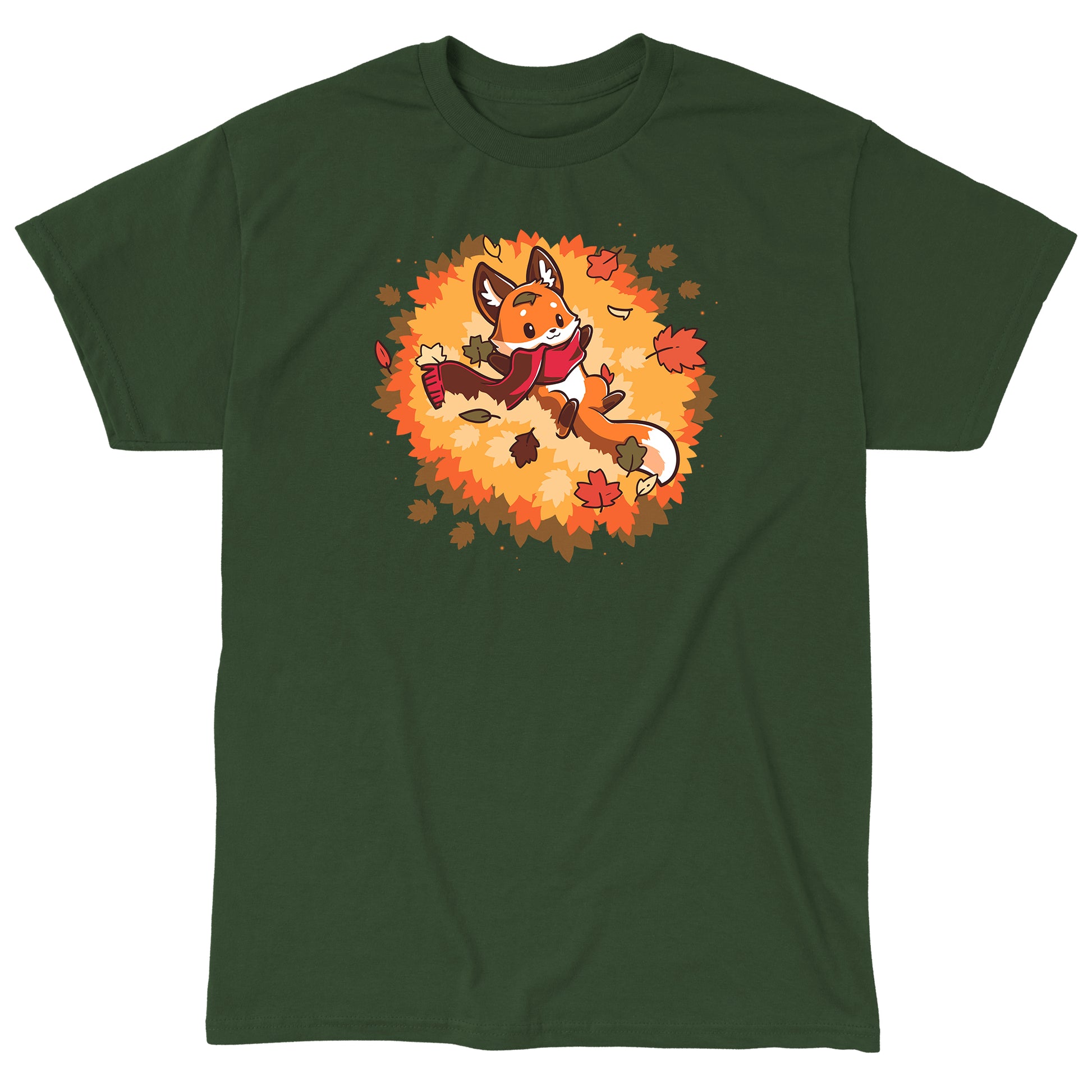 Classic Cotton T-shirt_A cartoon fox wearing a scarf lies on its back surrounded by colorful autumn leaves, showcased on a cozy forest green tee. This Autumn Fox apparel by monsterdigital captures the essence of the season in soft ringspun cotton.