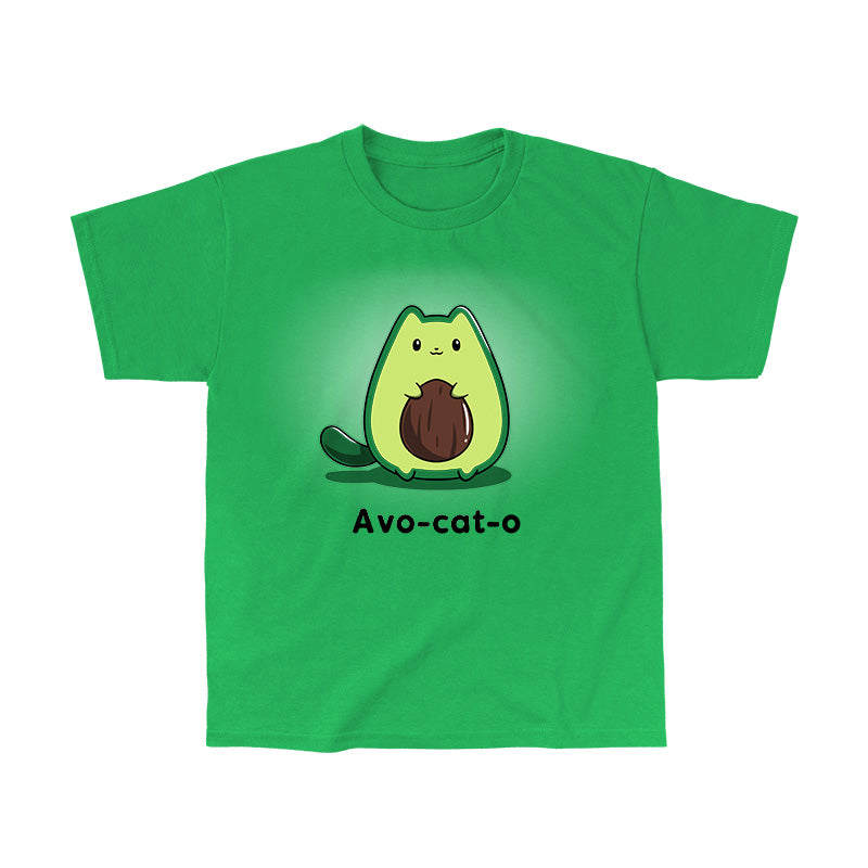 Classic Cotton T-shirt_TeeTurtle Avo-cat-o irish green t-shirt featuring an avocado-shaped green cat holding a brown avocado pit, with the text "Avo-cat-o" written below in this fun animal design.