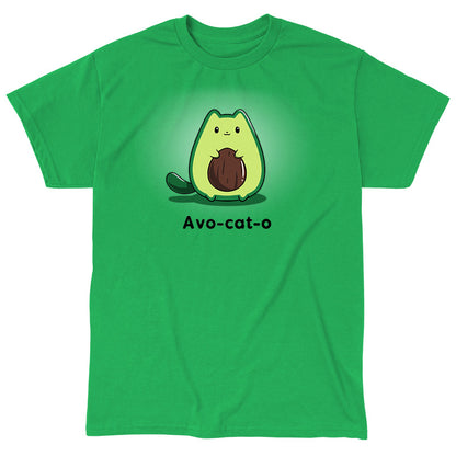 Classic Cotton T-shirt_TeeTurtle Avo-cat-o irish green t-shirt featuring an avocado-shaped green cat holding a brown avocado pit, with the text "Avo-cat-o" written below in this fun animal design.