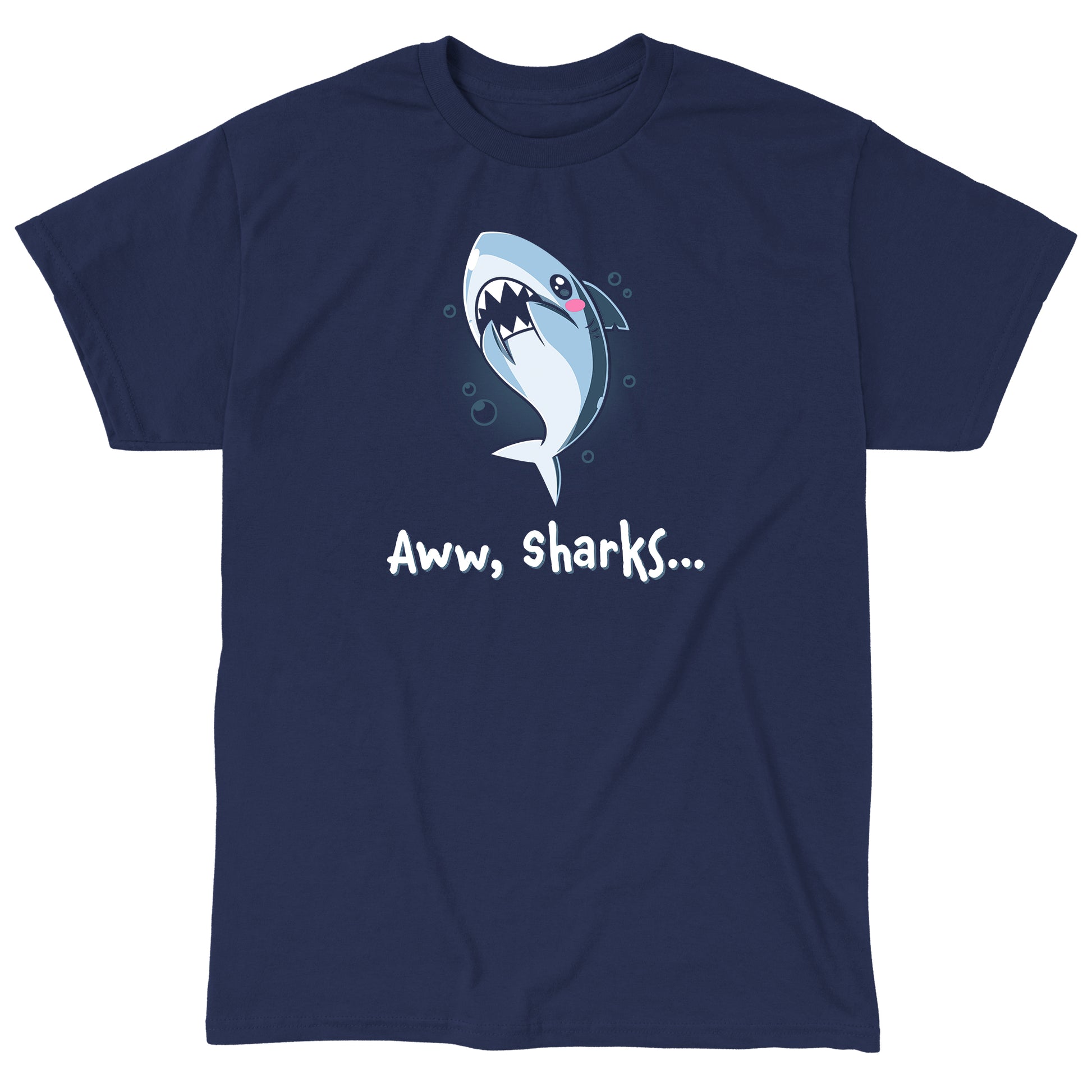 Classic Cotton T-shirt_TeeTurtle Aww, Sharks navy blue t-shirt featuring a cute cartoon shark with a blush on its face that swims with bubbles with a pun at the bottom that says, "Aww, Sharks". 