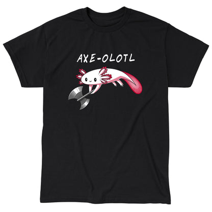 Classic Cotton T-shirt_A drawing of a smiling axolotl holding an axe, with "AXE-OLOTL" written above it. Available on a super soft ringspun cotton Black Unisex apparelfor the ultimate comfort. This Axe-olotl apparel from monsterdigital is perfect for any quirky graphic apparelenthusiast!