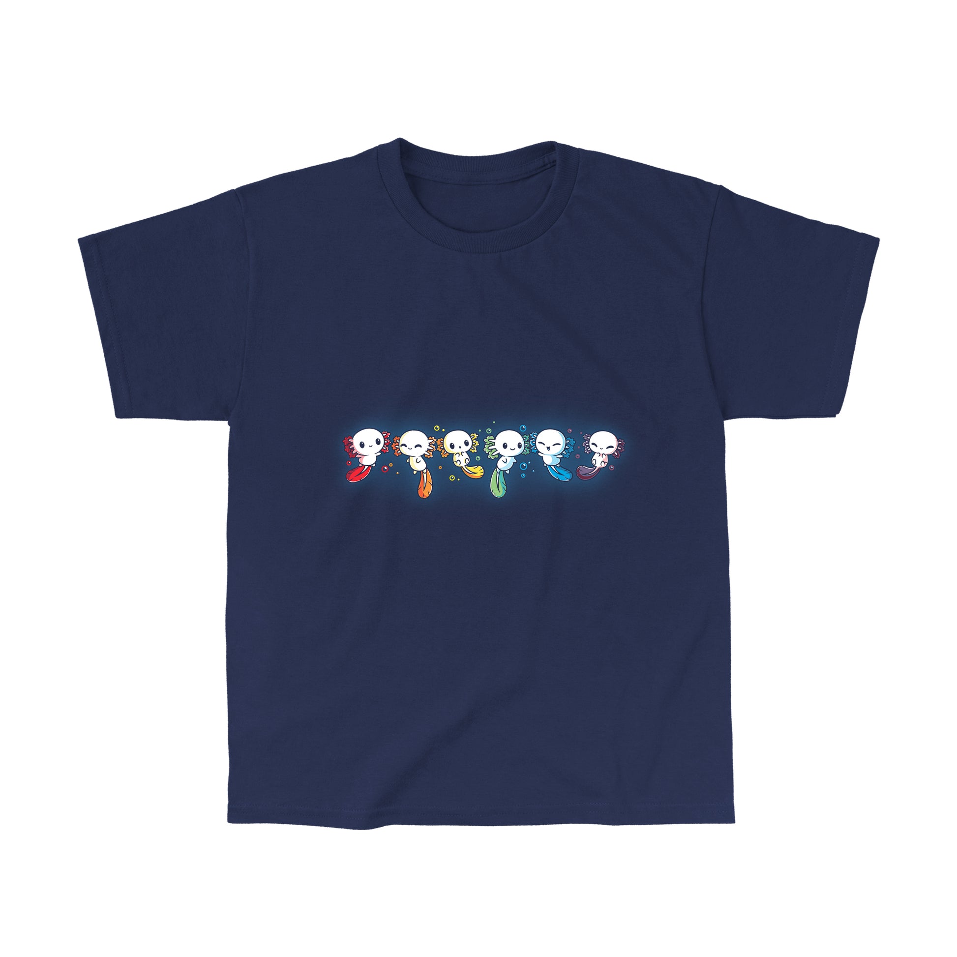 Classic Cotton T-shirt_TeeTurtle navy blue Axolotl Rainbow. Featuring a row of white axolotls with fins in a rainbow-colored sequence.