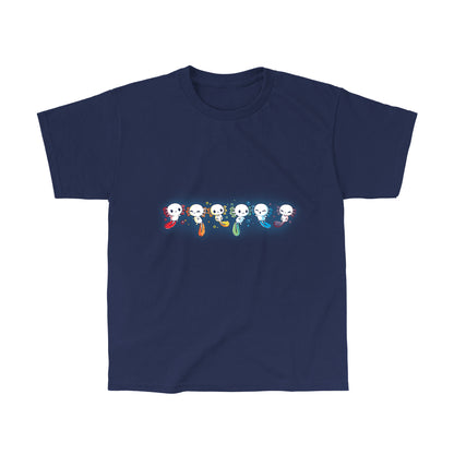 Classic Cotton T-shirt_TeeTurtle navy blue Axolotl Rainbow. Featuring a row of white axolotls with fins in a rainbow-colored sequence.