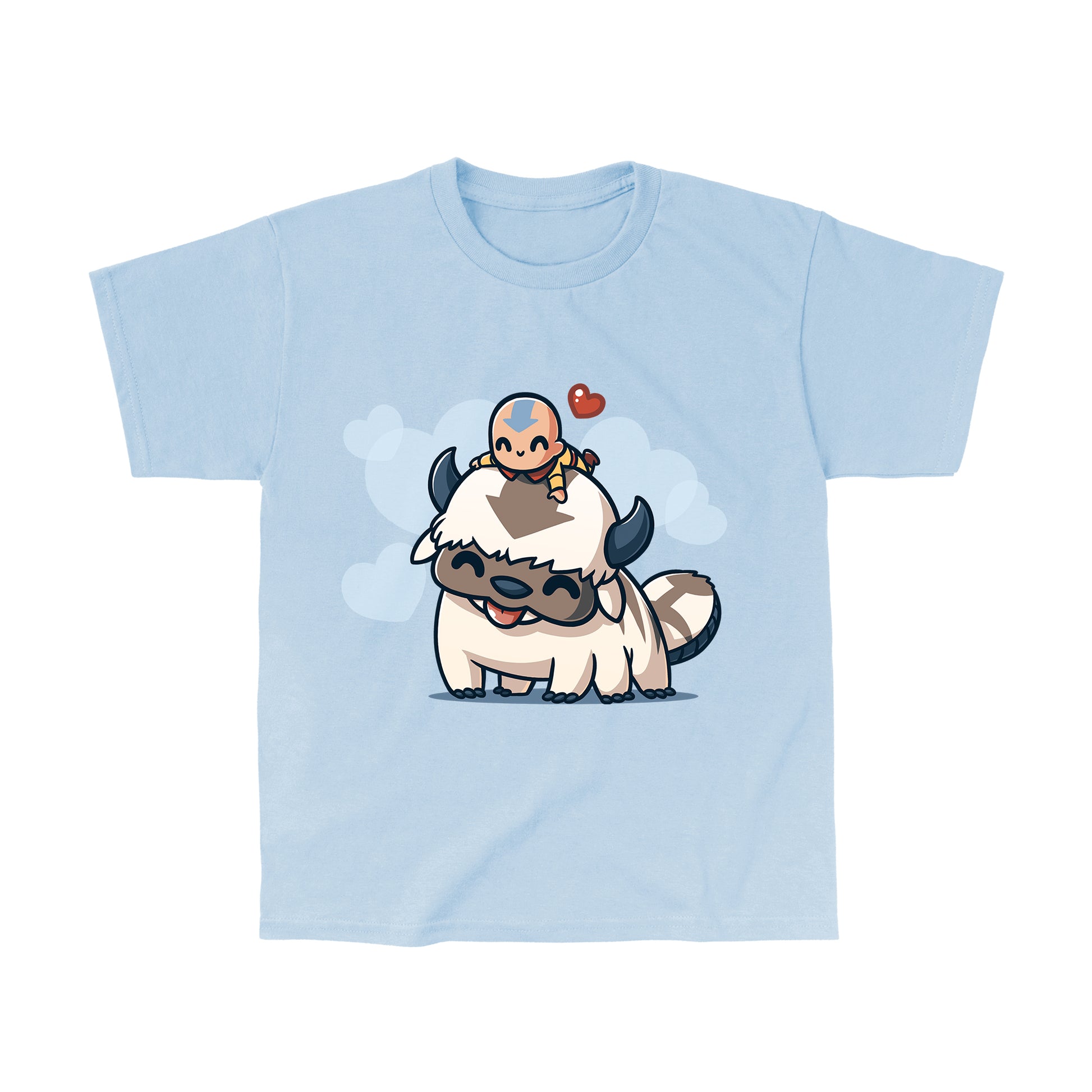 Classic Cotton T-shirt_TeeTurtle light blue BFFs (Aang and Appa) apparel featuring a happy Aang resting on a happy Appa’s head with a red heart above them and light blue hearts in the background.