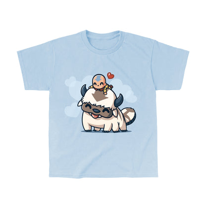 Classic Cotton T-shirt_TeeTurtle light blue BFFs (Aang and Appa) apparel featuring a happy Aang resting on a happy Appa’s head with a red heart above them and light blue hearts in the background.