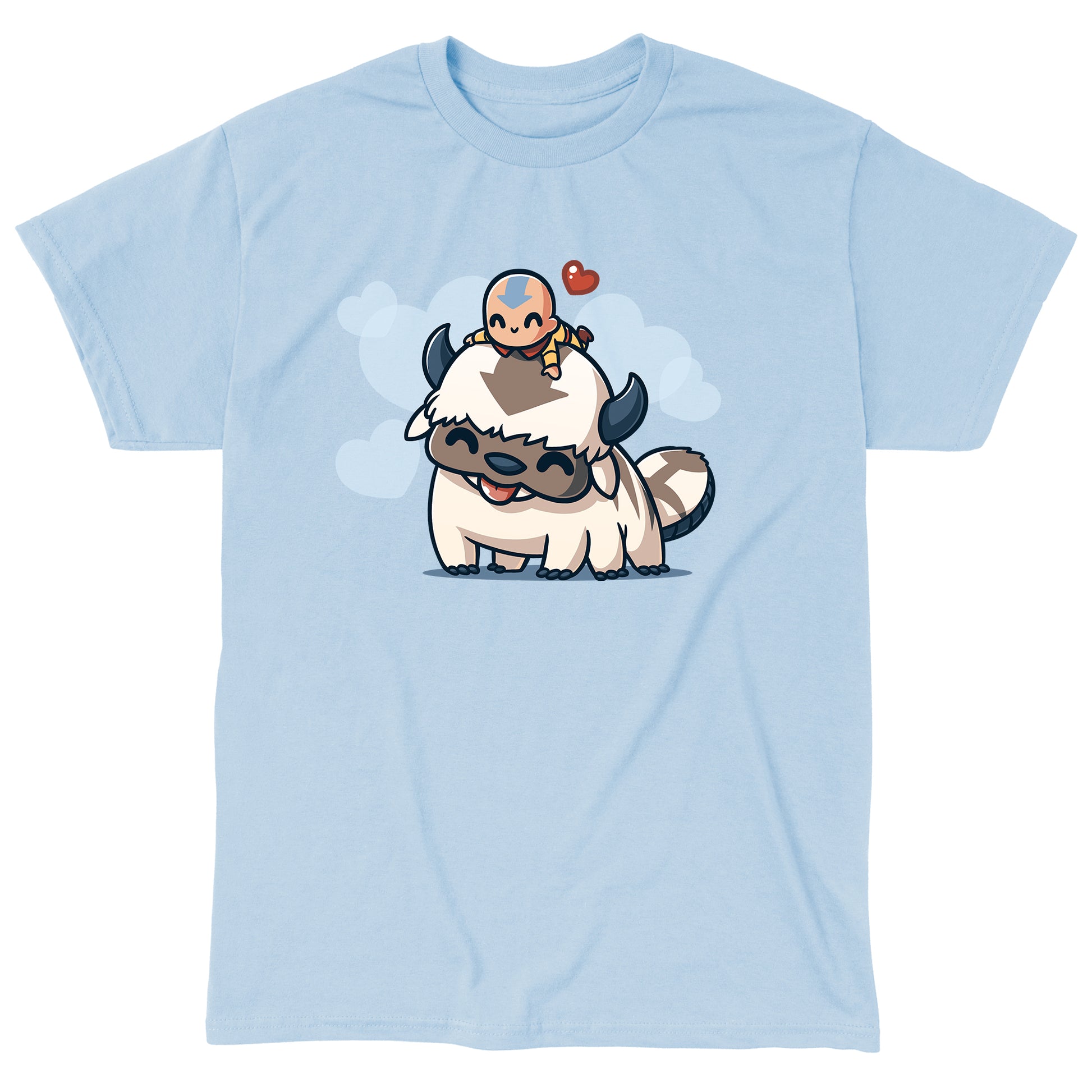 Classic Cotton T-shirt_TeeTurtle light blue BFFs (Aang and Appa) apparel featuring a happy Aang resting on a happy Appa’s head with a red heart above them and light blue hearts in the background.