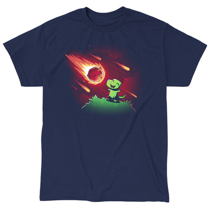 Classic Cotton T-shirt_TeeTurtle BFFs (Dino and Meteor) navy blue t-shirt featuring a dinosaur looking up at a smiling, fiery meteor streaking across a starry night sky, surrounded by smaller meteors.