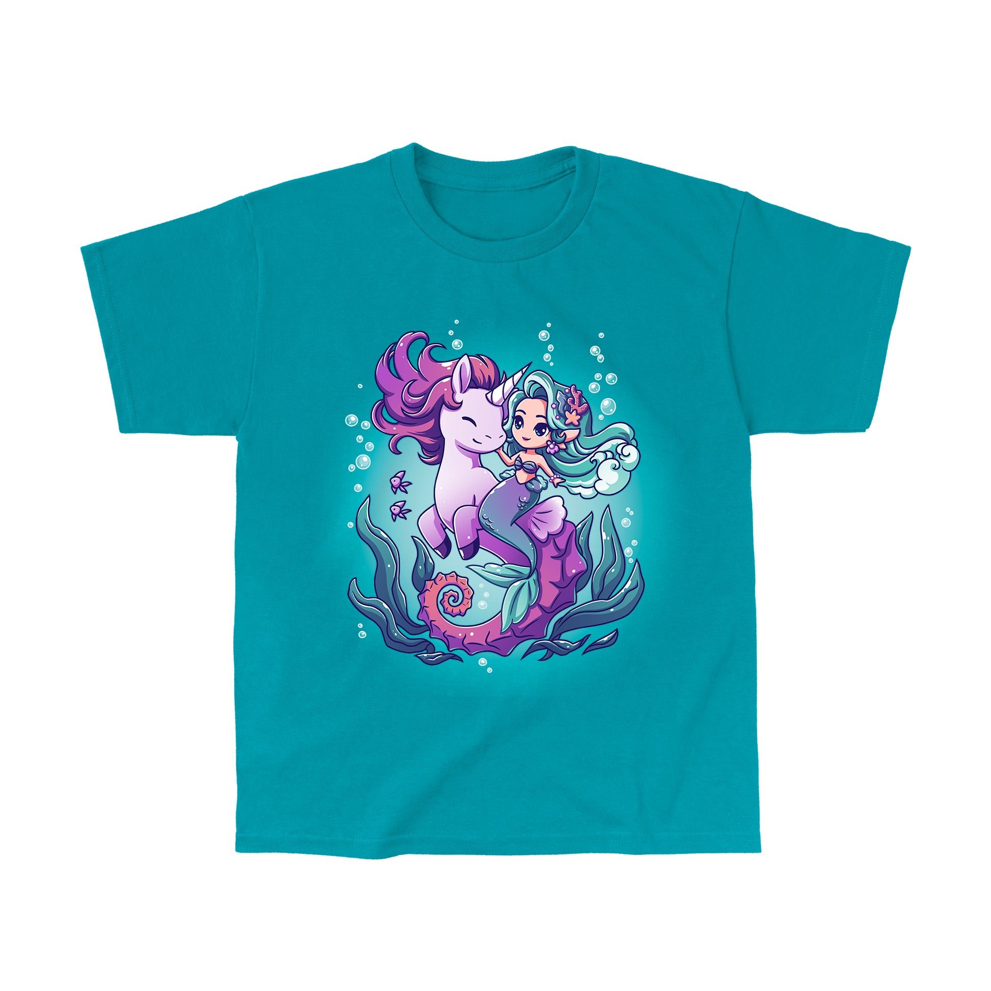 Classic Cotton T-shirt_Teeturtle BFFs (Sea Unicorn and Mermaid) tropical blue t-shirt featuring an illustrated image of a cheerful mermaid with teal hair riding a smiling purple unicorn underwater, surrounded by bubbles, fish, and sea plants.