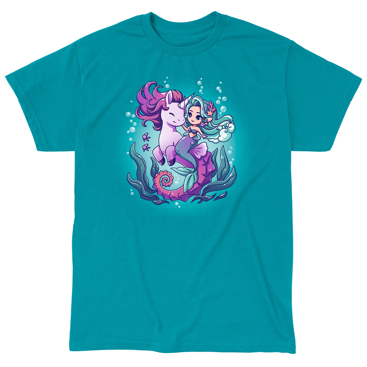 Classic Cotton T-shirt_Teeturtle BFFs (Sea Unicorn and Mermaid) tropical blue t-shirt featuring an illustrated image of a cheerful mermaid with teal hair riding a smiling purple unicorn underwater, surrounded by bubbles, fish, and sea plants.