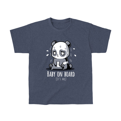 Classic Cotton T-shirt_TeeTurtle heather navy Baby on Board (It's Me) featuring an anxious panda sitting down.