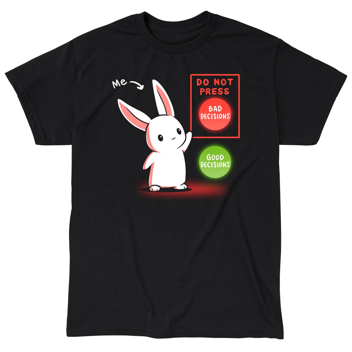 Classic Cotton T-shirt_TeeTurtle Bad Decision Bunny black t-shirt featuring a bunny with an arrow that says "me." The bunny is pointing to a red button labeled "DO NOT PRESS. BAD DECISIONS" next to a green button labeled "GOOD DECISIONS."