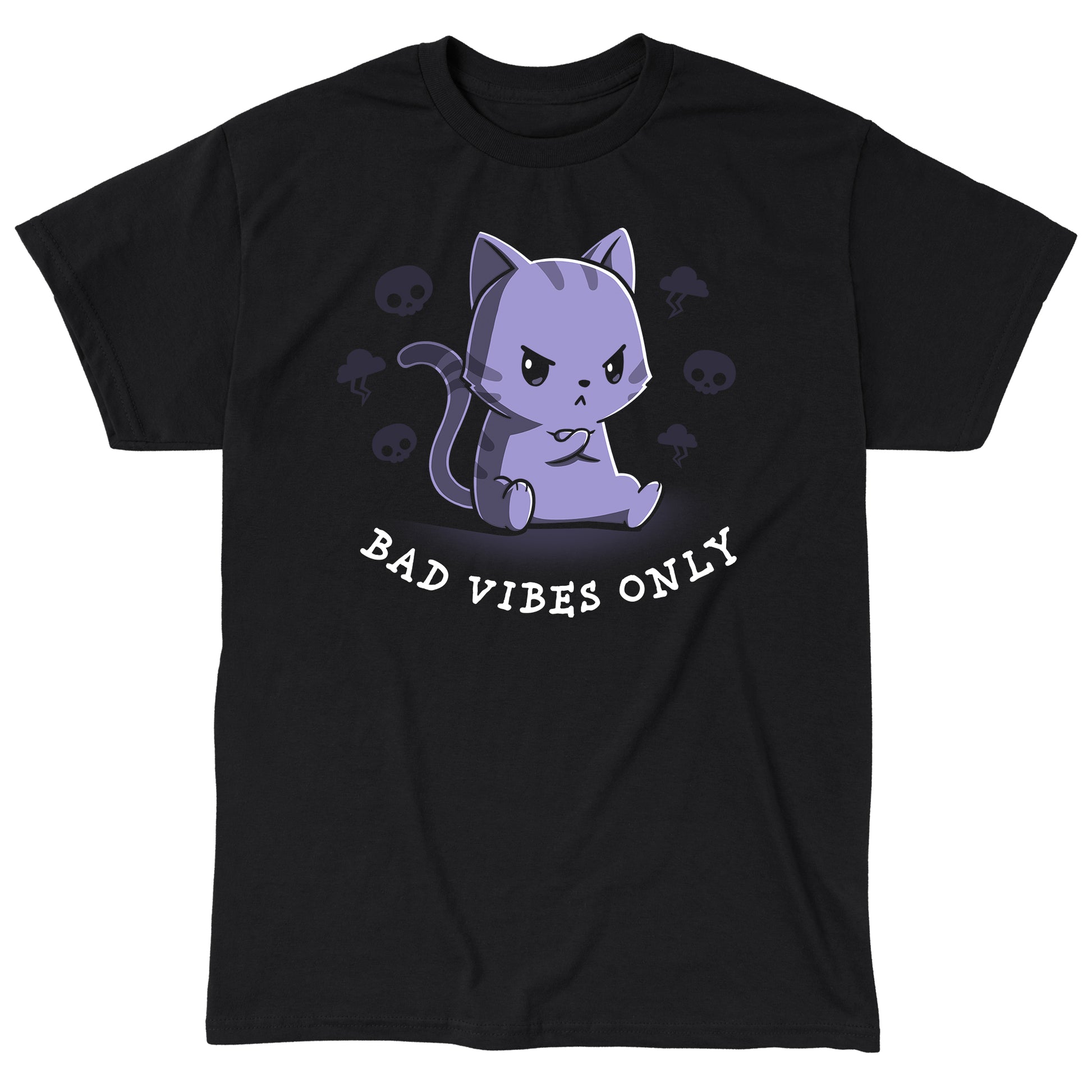 Classic Cotton T-shirt_Teeturtle Bad Vibes Only black t-shirt featuring an angry grumpy looking cat with its forepaws crossed and surrounded by skulls and lightning clouds with 'Bad Vibes Only' written underneath it.