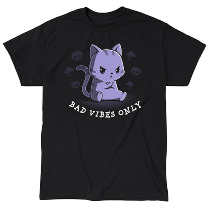 Classic Cotton T-shirt_Teeturtle Bad Vibes Only black t-shirt featuring an angry grumpy looking cat with its forepaws crossed and surrounded by skulls and lightning clouds with 'Bad Vibes Only' written underneath it.