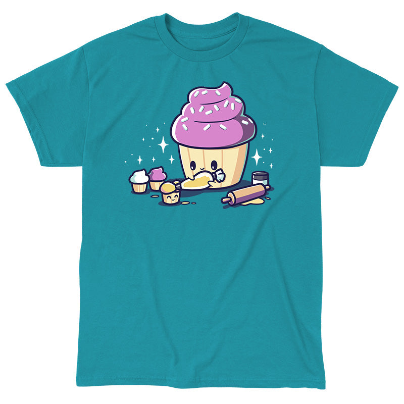 Classic Cotton T-shirt_TeeTurtle Strong as a Mother tropical blue t-shirt featuring a big cartoon-styled cupcake putting icing on smaller cupcakes.