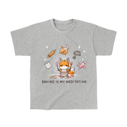 Classic Cotton T-shirt_TeeTurtle heather gray Baking Is My Meditation t-shirt featuring a peaceful fox in front of a bowl of batter holding baking tools with other baking tools floating around it in an arc.