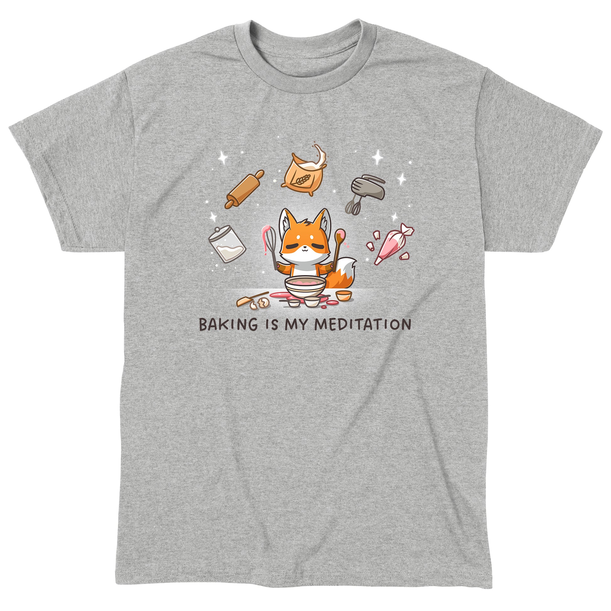 Classic Cotton T-shirt_TeeTurtle heather gray Baking Is My Meditation t-shirt featuring a peaceful fox in front of a bowl of batter holding baking tools with other baking tools floating around it in an arc.