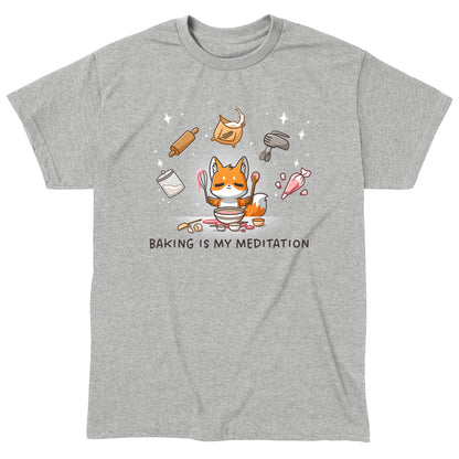 Classic Cotton T-shirt_TeeTurtle heather gray Baking Is My Meditation t-shirt featuring a peaceful fox in front of a bowl of batter holding baking tools with other baking tools floating around it in an arc.