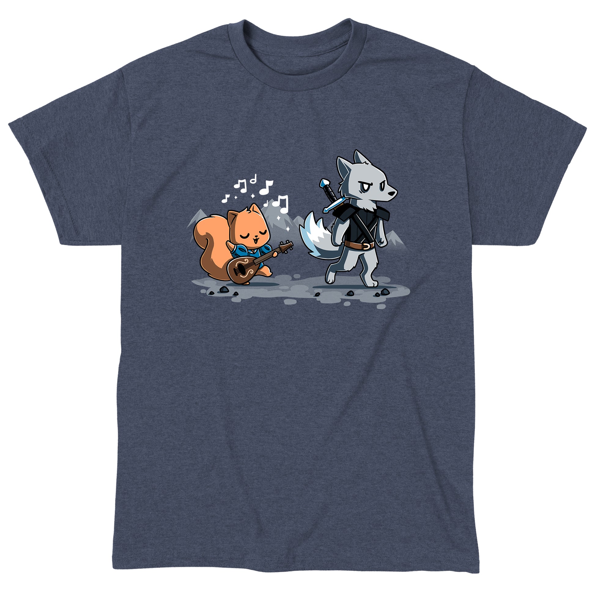 Classic Cotton T-shirt_Teeturtle Ballad of the Bard heather navy t-shirt featuring a squirrel playing a guitar with music notes around, while a wolf in armor holding a sword walks ahead in a mountain landscape. 