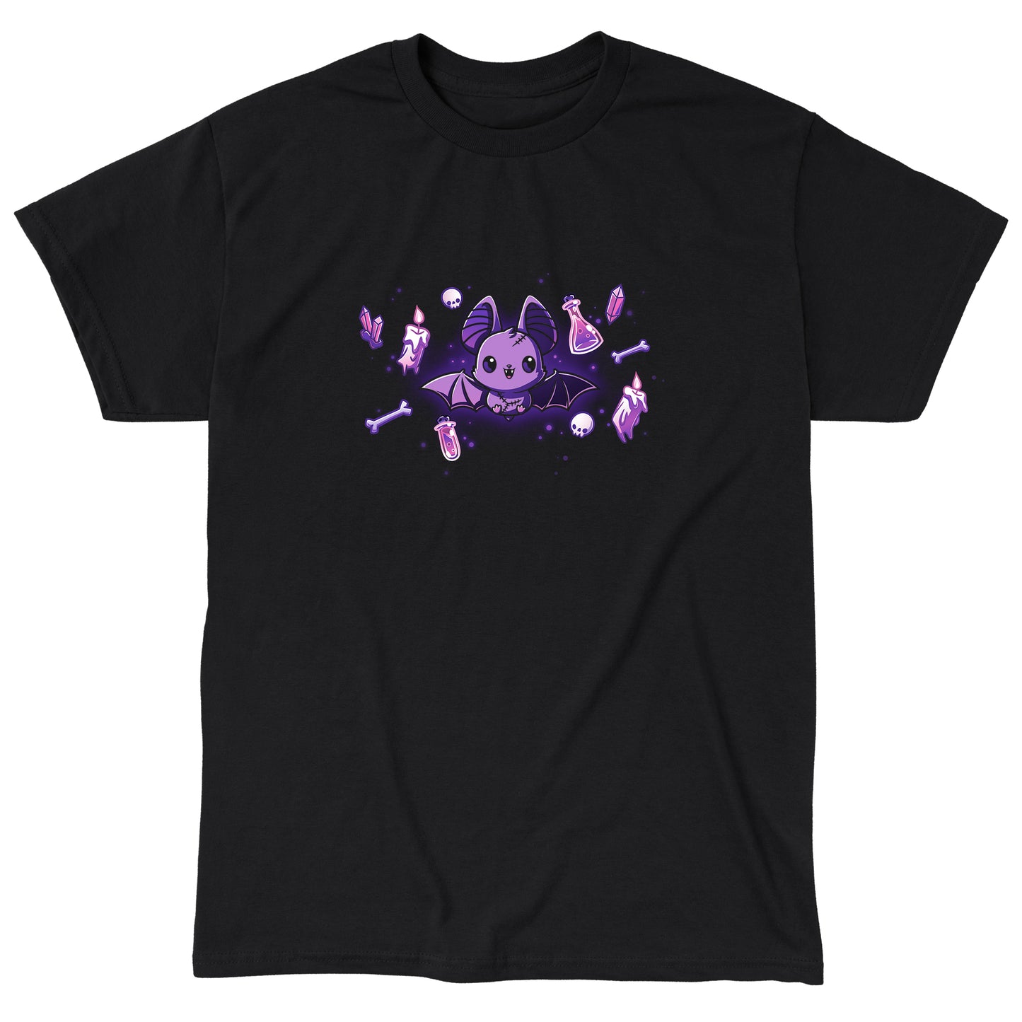 Classic Cotton T-shirt_TeeTurtle Bat & Baubles black t-shirt featuring a bat surrounded by glowing candles, bones, potion bottles, skulls, and crystals.