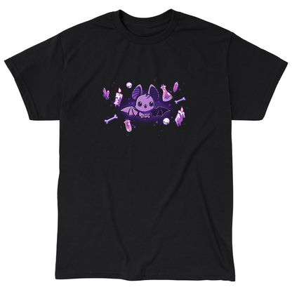 Classic Cotton T-shirt_TeeTurtle Bat & Baubles black t-shirt featuring a bat surrounded by glowing candles, bones, potion bottles, skulls, and crystals.