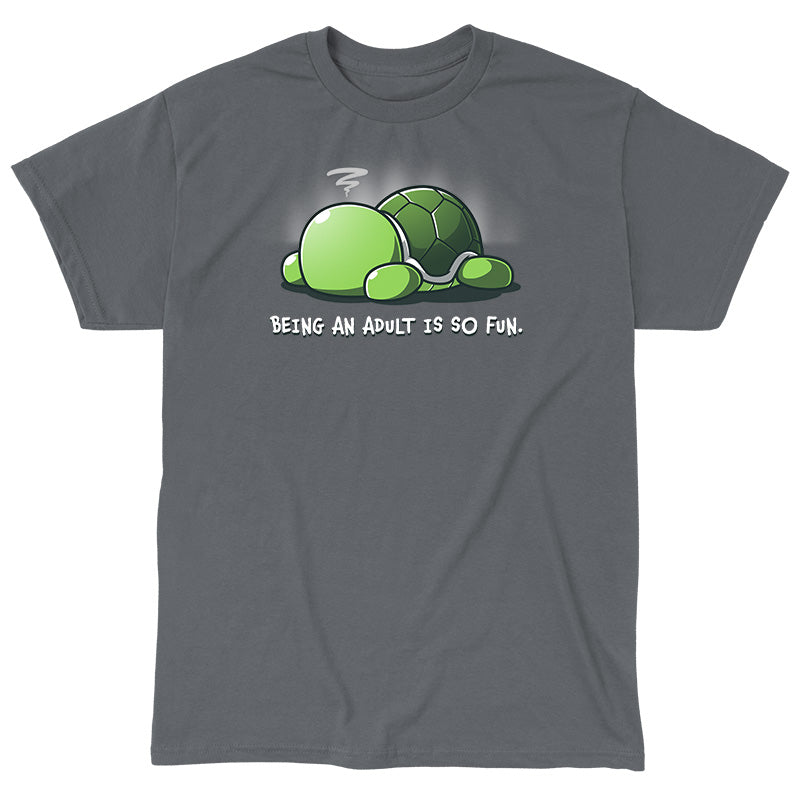 Classic Cotton T-shirt_TeeTurtle Being an Adult is So Fun Charcoal Gray t-shirt featuring a cartoon turtle lying face down with a stressed expression, accompanied by the text "Being an adult is so fun." 