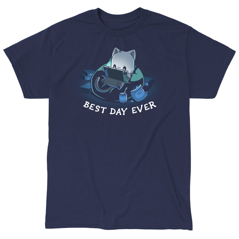 Classic Cotton T-shirt_TeeTurtle Best Day Ever navy blue t-shirt featuring an illustration of a cat sitting on a bean bag chair playing a portal video game surrounded by a mess of books and an open bag of chips and a can of soda with a straw. "BEST DAY EVER" is written underneath.