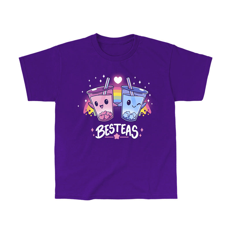 Classic Cotton T-shirt_TeeTurtle Besteas purple t-shirt featuring two bubble tea cups with happy faces, holding hands, and surrounded by stars, with a rainbow in the background.