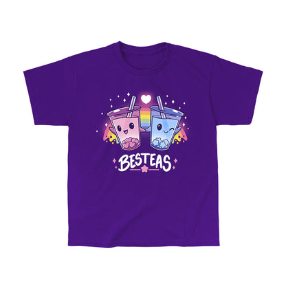 Classic Cotton T-shirt_TeeTurtle Besteas purple t-shirt featuring two bubble tea cups with happy faces, holding hands, and surrounded by stars, with a rainbow in the background.