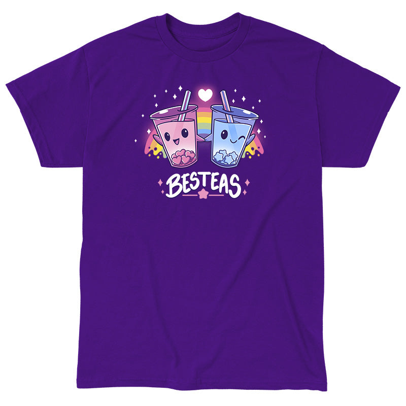 Classic Cotton T-shirt_TeeTurtle Besteas purple t-shirt featuring two bubble tea cups with happy faces, holding hands, and surrounded by stars, with a rainbow in the background.