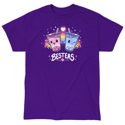 Classic Cotton T-shirt_TeeTurtle Besteas purple t-shirt featuring two bubble tea cups with happy faces, holding hands, and surrounded by stars, with a rainbow in the background.