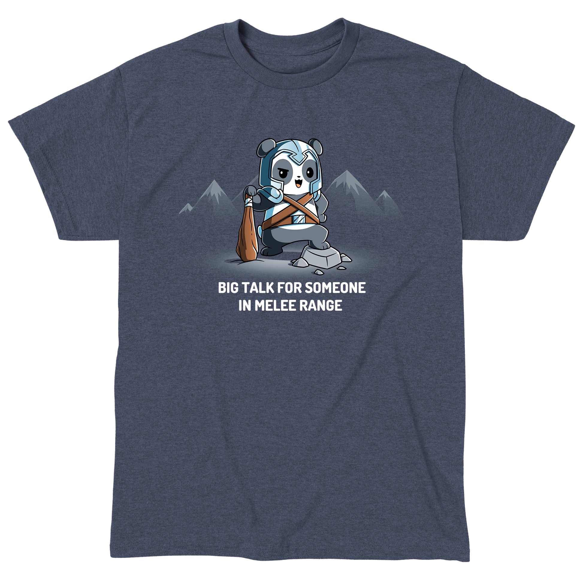 Classic Cotton T-shirt_TeeTurtle Big Talk For Someone In Melee Range heather navy t-shirt featuring a panda dressed in armor, striking a pose and holding a wooden club.
