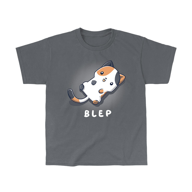 Classic Cotton T-shirt_TeeTurtle Blep Kitty Charcoal Gray t-shirt featuring an illustration of a white and orange cat laying on its back with its tongue sticking out. The word "BLEP" is written below the image.