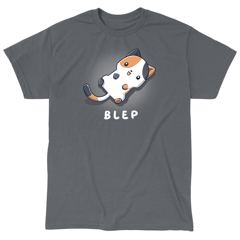 Classic Cotton T-shirt_TeeTurtle Blep Kitty Charcoal Gray t-shirt featuring an illustration of a white and orange cat laying on its back with its tongue sticking out. The word "BLEP" is written below the image.