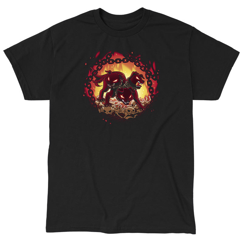 Classic Cotton T-shirt_TeeTurtle Bloodthirsty Cerberus black t-shirt featuring the red three-headed dog Cerberus looking angry wearing spikey collars and standing on top of bones and skulls surrounded by chains and flames.