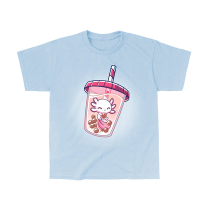 Classic Cotton T-shirt_TeeTurtle Boba Axolotl light blue t-shirt featuring an illustration of a white axolotl with a pink-shaded tail fin looking happy swimming amidst a cluster of brown tapioca pearls inside a boba drink with a pink lid on the cup and pink and white straw in the cup.