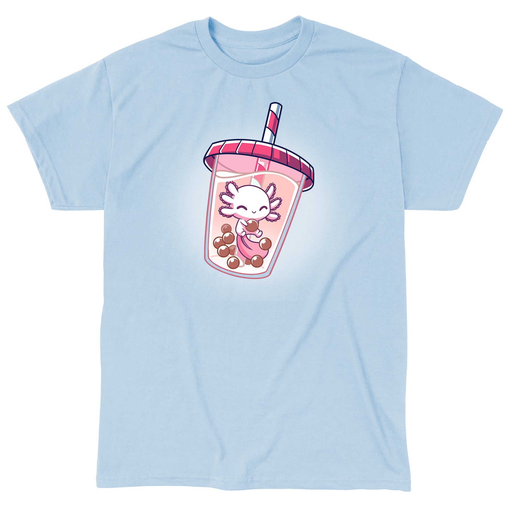 Classic Cotton T-shirt_TeeTurtle Boba Axolotl light blue t-shirt featuring an illustration of a white axolotl with a pink-shaded tail fin looking happy swimming amidst a cluster of brown tapioca pearls inside a boba drink with a pink lid on the cup and pink and white straw in the cup.