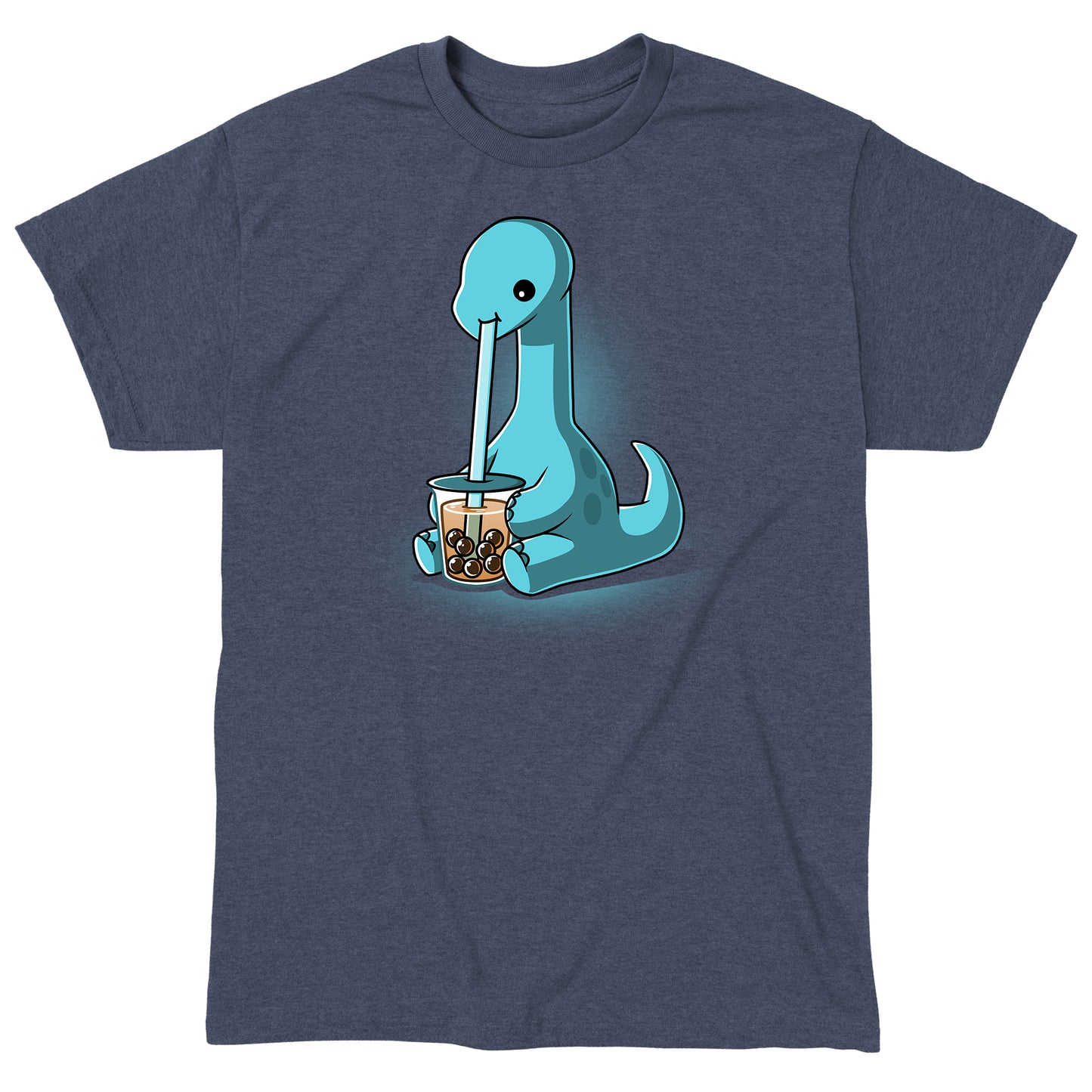 Classic Cotton T-shirt_TeeTurtle Boba Dinosaur Heather Navy t-shirt featuring a cartoon dinosaur sipping bubble tea through a large straw. The dinosaur is blue with a long neck and tail, seated against a dark background. 